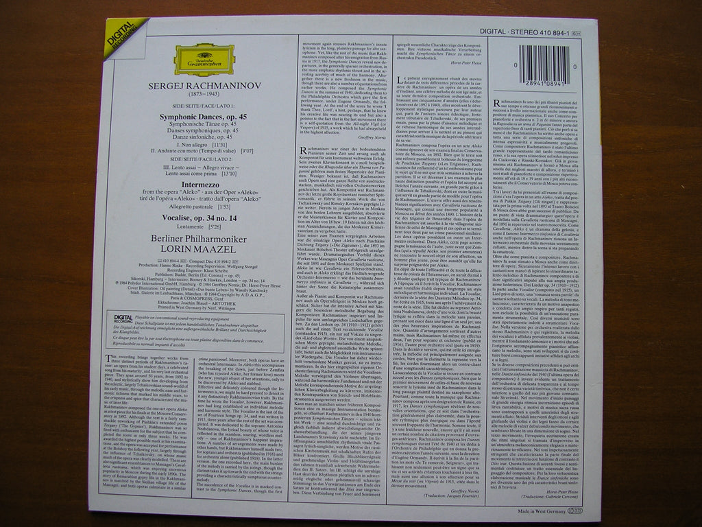 RACHMANINOV: SYMPHONIC DANCES / VOCALISE / INTERMEZZO      MAAZEL / BERLIN PHILHARMONIC    410 894