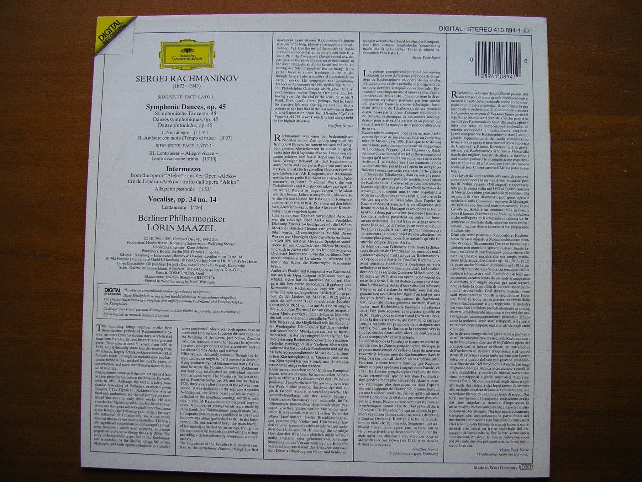 RACHMANINOV: SYMPHONIC DANCES / VOCALISE / INTERMEZZO      MAAZEL / BERLIN PHILHARMONIC    410 894