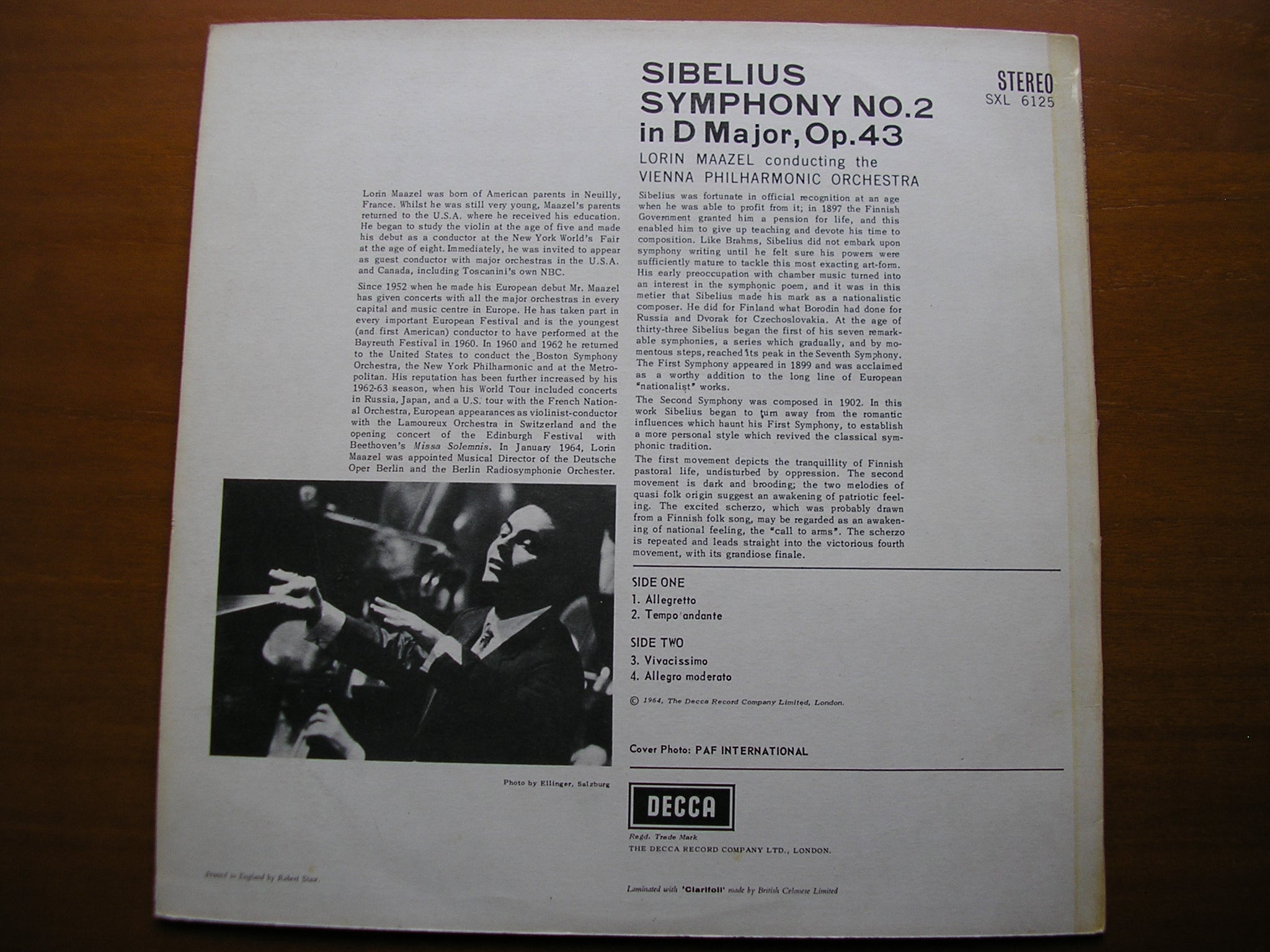 SXL 6125  SIBELIUS: SYMPHONY No. 2      MAAZEL / VIENNA PHILHARMONIC     ED1