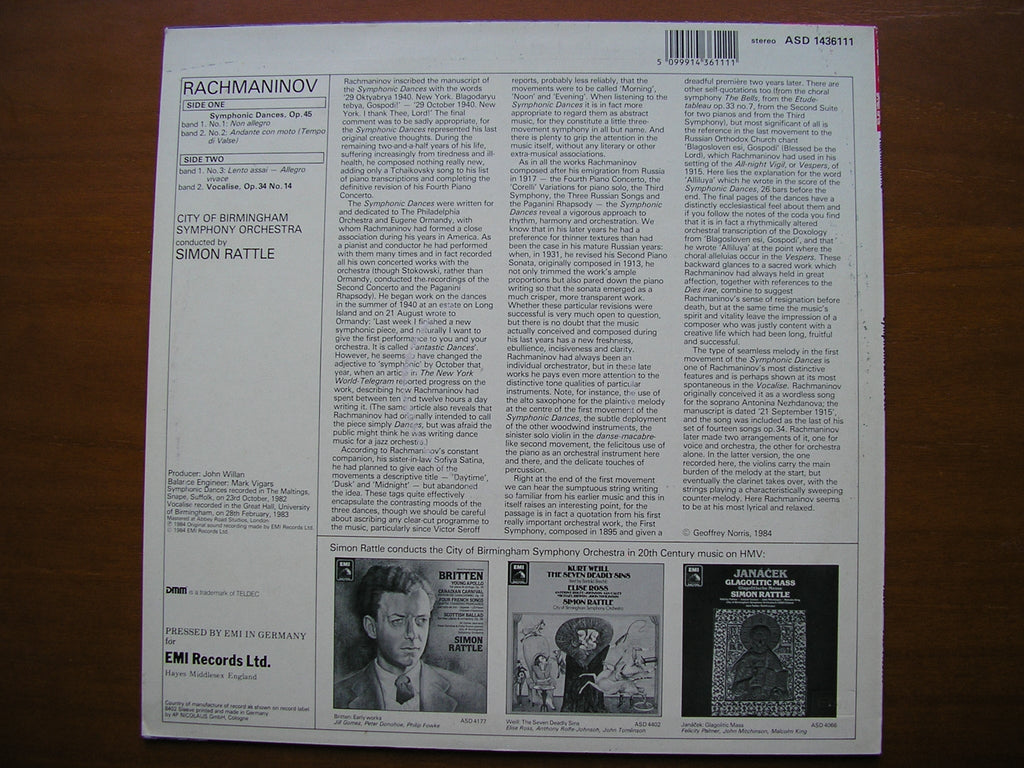 RACHMANINOV: SYMPHONIC DANCES / VOCALISE    RATTLE / CITY OF BIRMINGHAM SYMPHONY     ASD 1436111