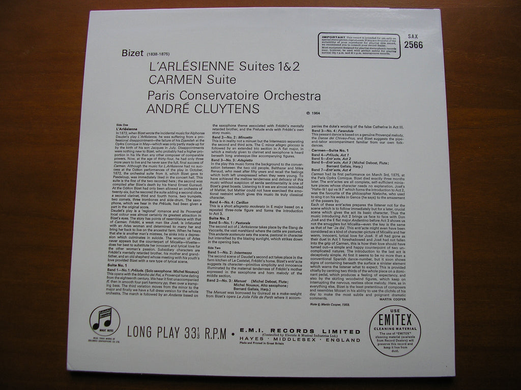 BIZET: L'ARLESIENNE Suites 1 & 2 / CARMEN: Suite No. 1     CLUYTENS / PARIS CONSERVATOIRE     SAX 2566