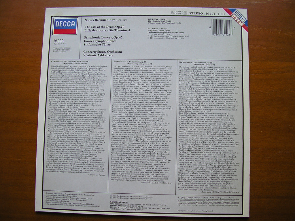 RACHMANINOV: SYMPHONIC DANCES / THE ISLE OF THE DEAD      ASHKENAZY / CONCERTGEBOUW      410 124