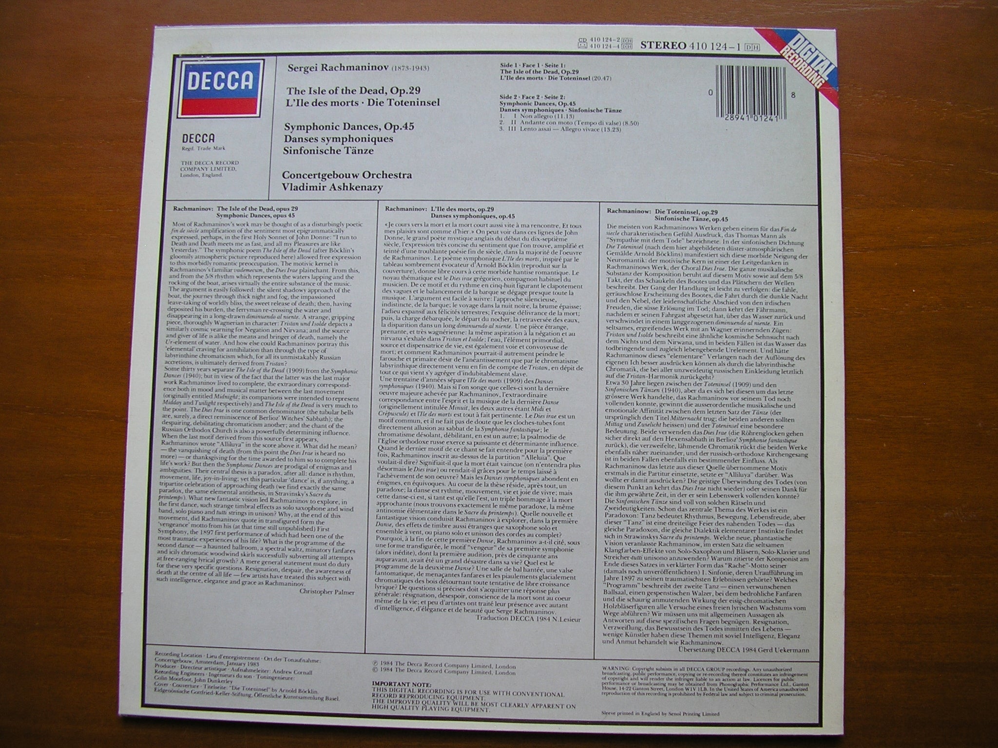 RACHMANINOV: SYMPHONIC DANCES / THE ISLE OF THE DEAD      ASHKENAZY / CONCERTGEBOUW      410 124