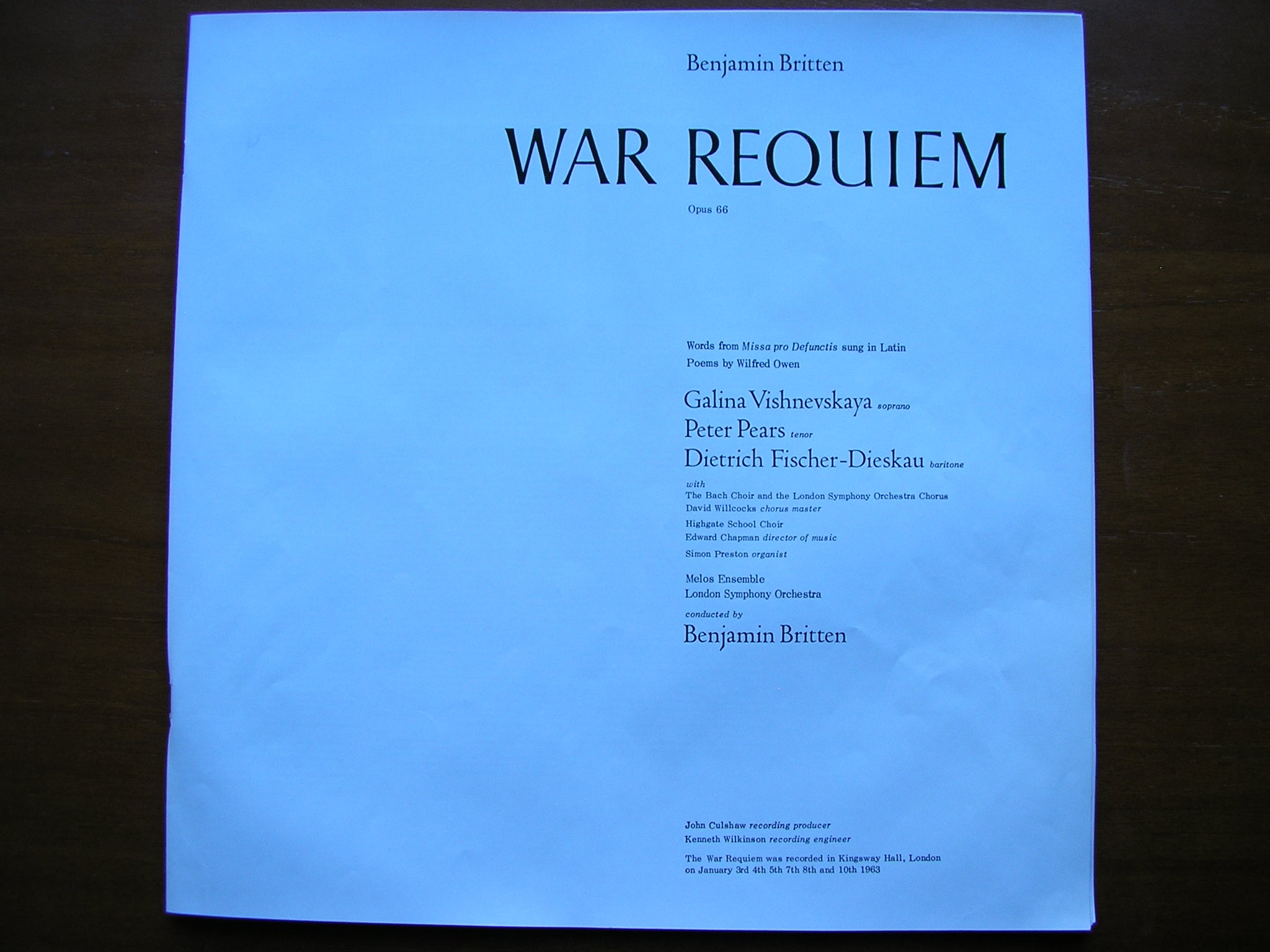 BRITTEN:  WAR REQUIEM      SOLOISTS / MELOS ENSEMBLE / LONDON SYMPHONY / BRITTEN     2LP     SET 252/3