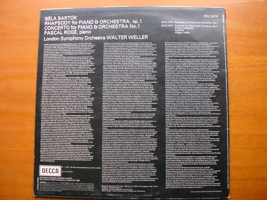 SXL 6815 BARTOK: PIANO CONCERTO No. 1 / RHAPSODY ROGE / LONDON SYMPHONY / WELLER