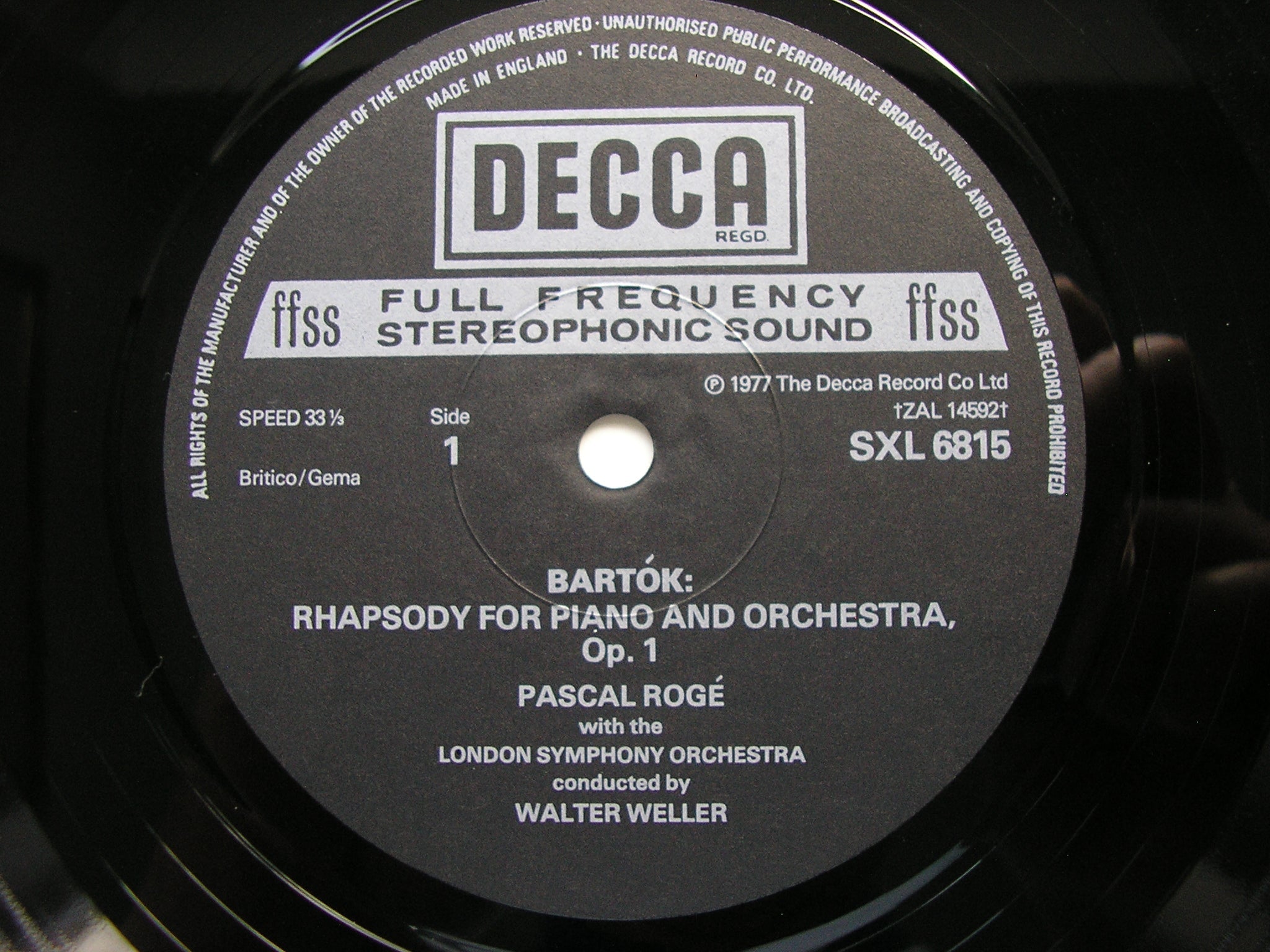 SXL 6815 BARTOK: PIANO CONCERTO No. 1 / RHAPSODY ROGE / LONDON SYMPHONY / WELLER