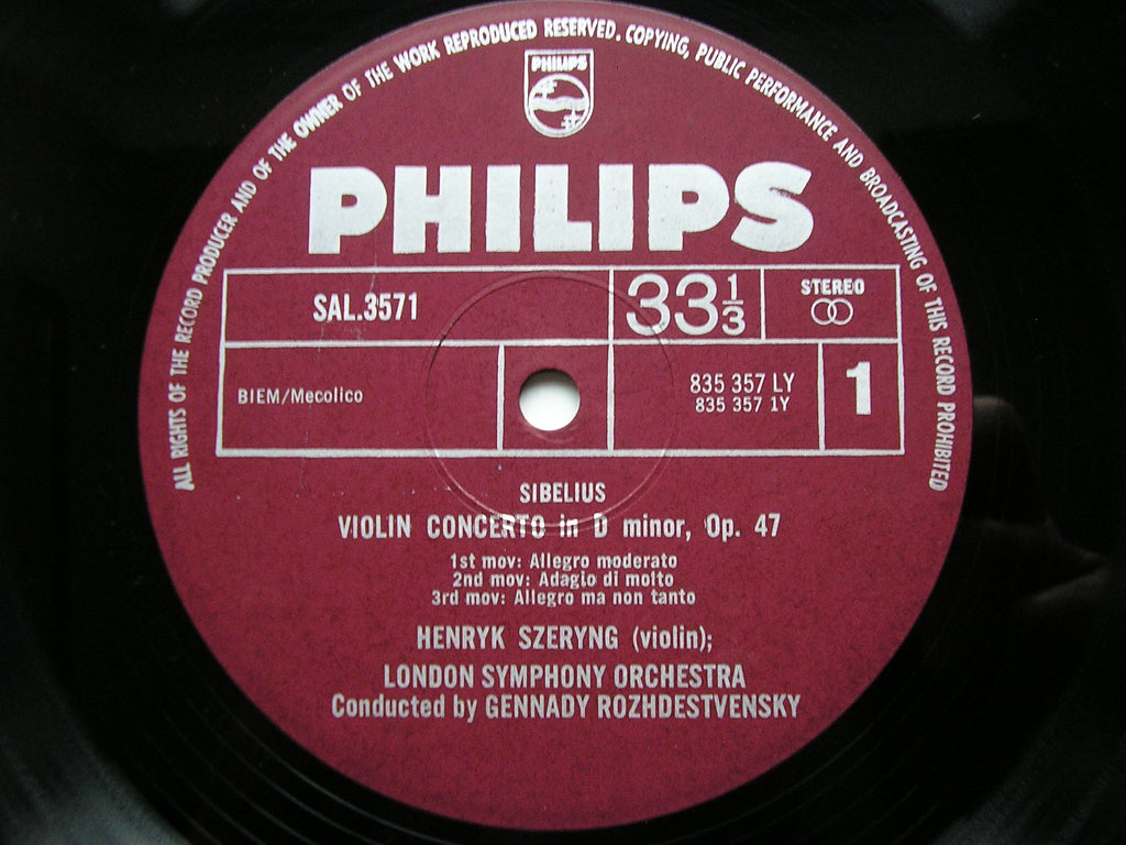 SIBELIUS: VIOLIN CONCERTO / PROKOFIEV: VIOLIN CONCERTO No. 2  SZERYNG / LONDON SYMPHONY / ROZHDESTVENSKY  SAL 3571