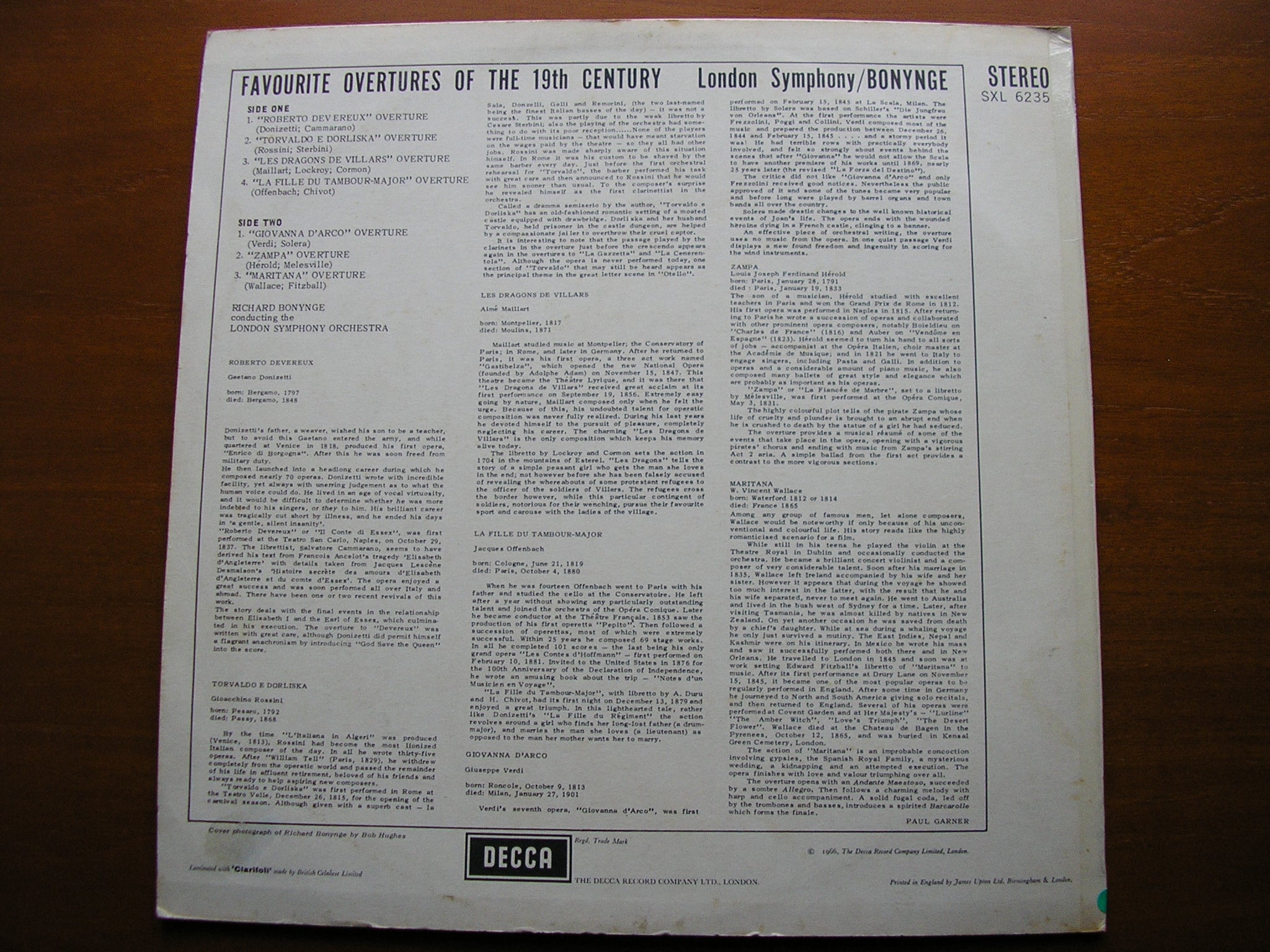 SXL 6235 FAVOURITE OVERTURES OF THE 19th CENTURY: VERDI / OFFENBACH / ROSSINI / WALLACE / MAILLART LONDON SYMPHONY / BONYNGE