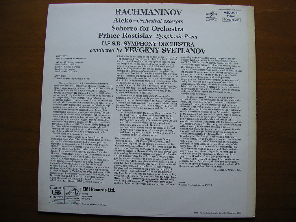 RACHMANINOV: PRINCE ROSTISLAV / SCHERZO / 'ALEKO'      SVETLANOV / USSR SYMPHONY      ASD 3019