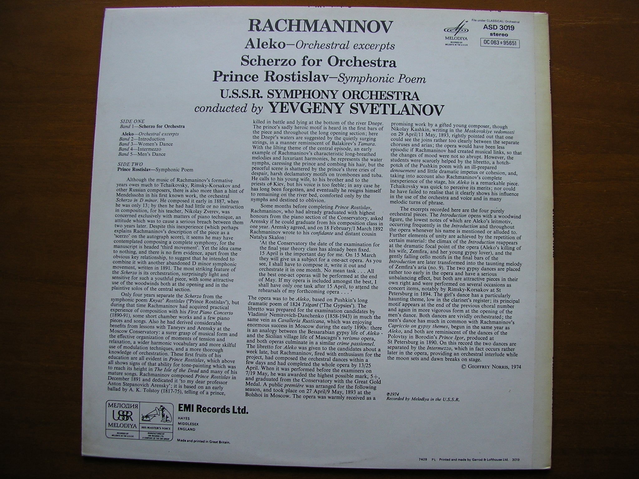 RACHMANINOV: PRINCE ROSTISLAV / SCHERZO / 'ALEKO'      SVETLANOV / USSR SYMPHONY      ASD 3019