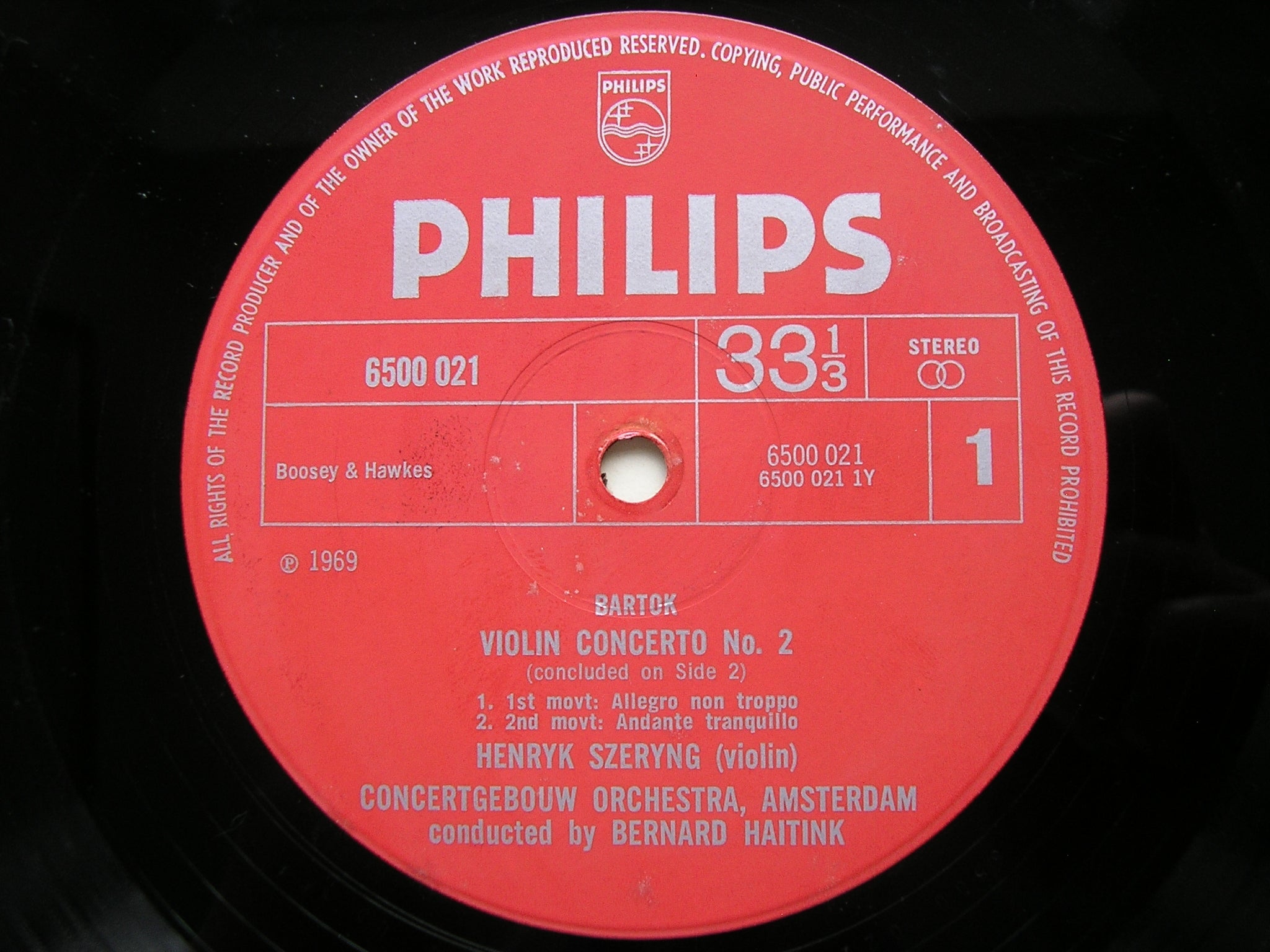 BARTOK: VIOLIN CONCERTO No. 2 / RHAPSODY      SZERYNG / CONCERTGEBOUW ORCHESTRA / HAITINK    6500 021