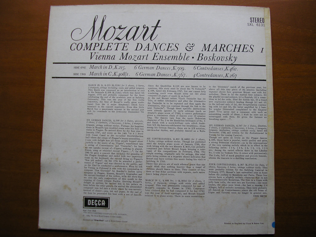 SXL 6131  MOZART: COMPLETE DANCES & MARCHES  Volume 1    BOSKOVSKY / VIENNA MOZART ENSEMBLE    ED1