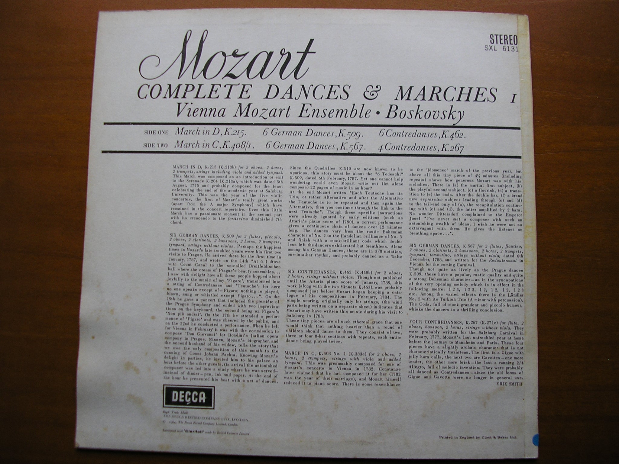 SXL 6131  MOZART: COMPLETE DANCES & MARCHES  Volume 1    BOSKOVSKY / VIENNA MOZART ENSEMBLE    ED1