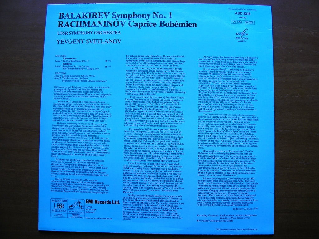 RACHMANINOV: CAPRICE BOHEMIEN / BALAKIREV: SYMPHONY No. 1      SVETLANOV / USSR SYMPHONY     ASD 3315