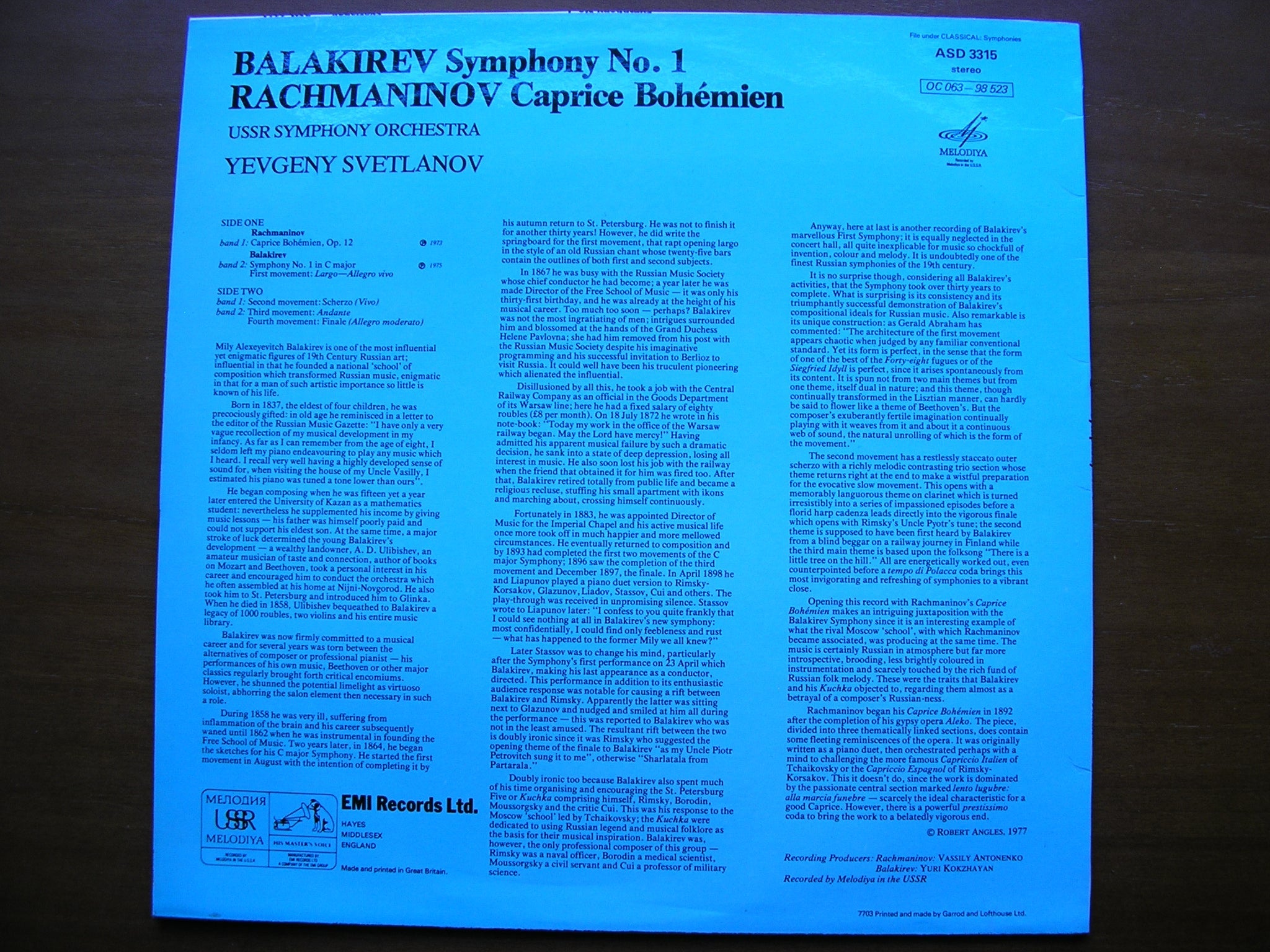 RACHMANINOV: CAPRICE BOHEMIEN / BALAKIREV: SYMPHONY No. 1      SVETLANOV / USSR SYMPHONY     ASD 3315