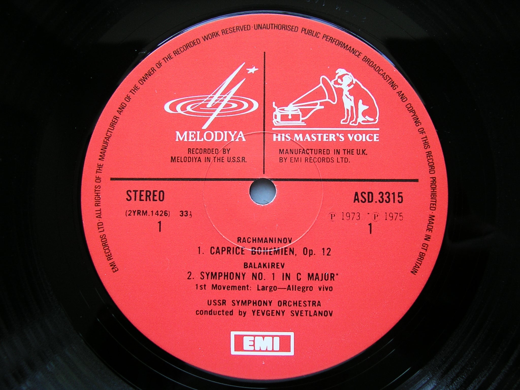 RACHMANINOV: CAPRICE BOHEMIEN / BALAKIREV: SYMPHONY No. 1      SVETLANOV / USSR SYMPHONY     ASD 3315