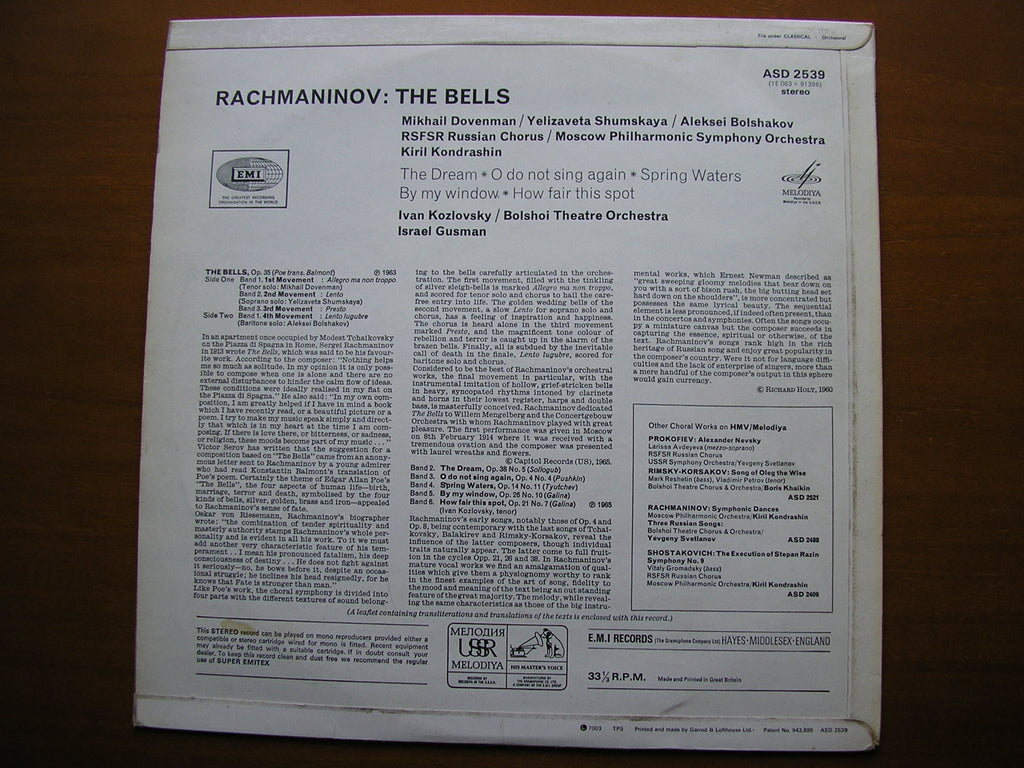 RACHMANINOV: THE BELLS / FIVE SONGS     SOLOISTS / KOZLOVSKY / MPO / BOLSHOI ORCHESTRA / KONDRASHIN     ASD 2539