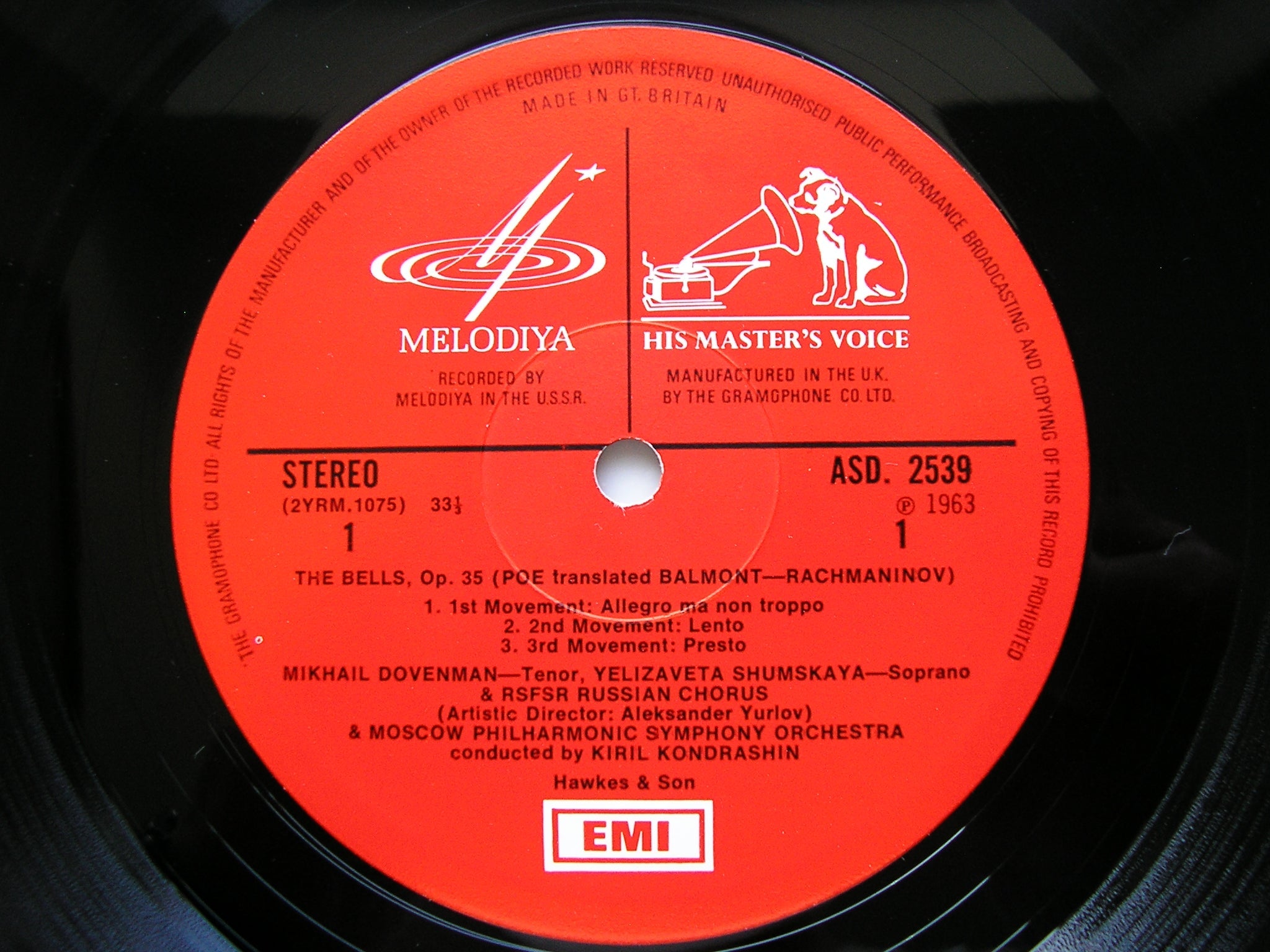 RACHMANINOV: THE BELLS / FIVE SONGS     SOLOISTS / KOZLOVSKY / MPO / BOLSHOI ORCHESTRA / KONDRASHIN     ASD 2539