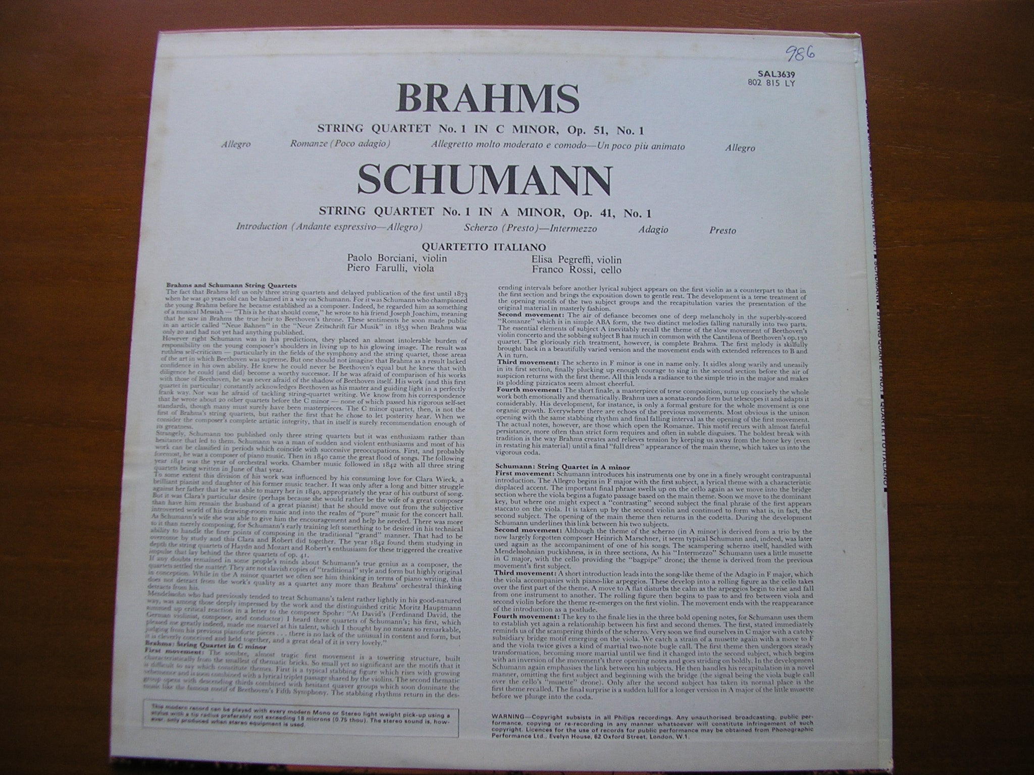BRAHMS: STRING QUARTET No. 1 Op. 51 / SCHUMANN: STRING QUARTET No. 1  Op. 41      QUARTETTO ITALIANO    SAL 3639