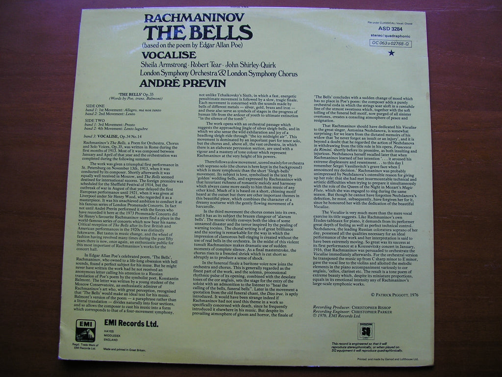 RACHMANINOV: THE BELLS / VOCALISE       SOLOISTS / LONDON SYMPHONY / PREVIN      ASD 3284