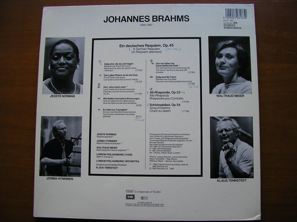 BRAHMS: EIN DEUTSCHES REQUIEM / ALTO RHAPSODY / SONG OF DESTINY    SOLOISTS / LONDON PHILHARMONIC