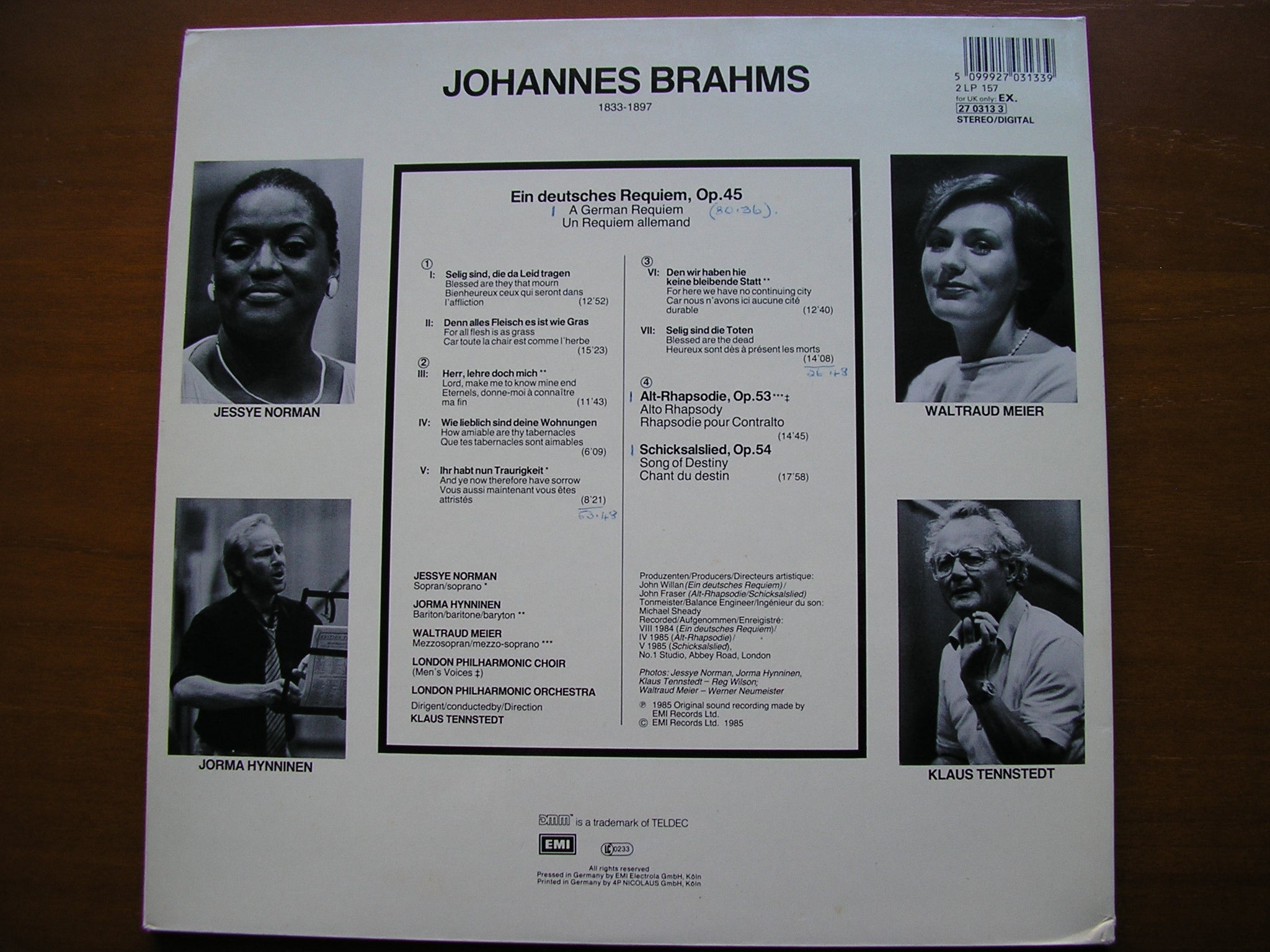 BRAHMS: EIN DEUTSCHES REQUIEM / ALTO RHAPSODY / SONG OF DESTINY    SOLOISTS / LONDON PHILHARMONIC