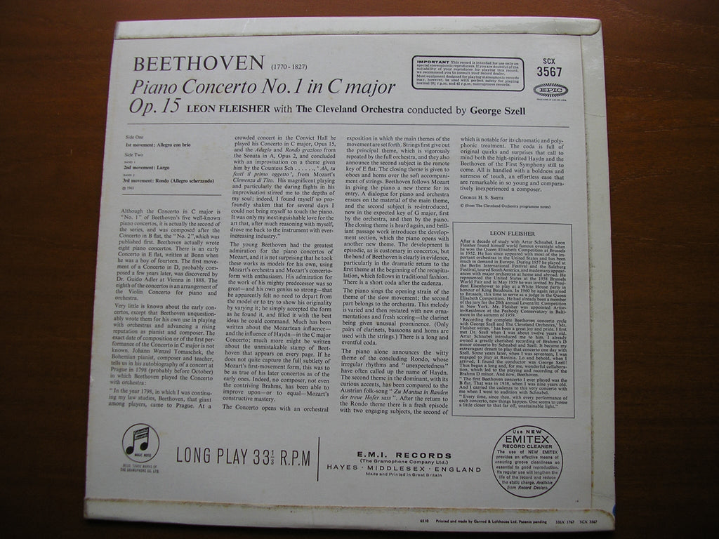 BEETHOVEN: PIANO CONCERTO No. 1    FLEISHER / CLEVELAND ORCHESTRA / SZELL     SCX 3567