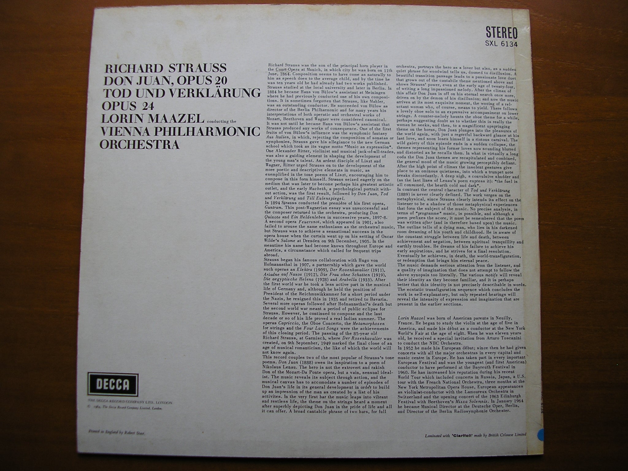 SXL 6134  STRAUSS: DON JUAN / TOD UND VERKLARUNG      MAAZEL / VIENNA PHILHARMONIC      ED1