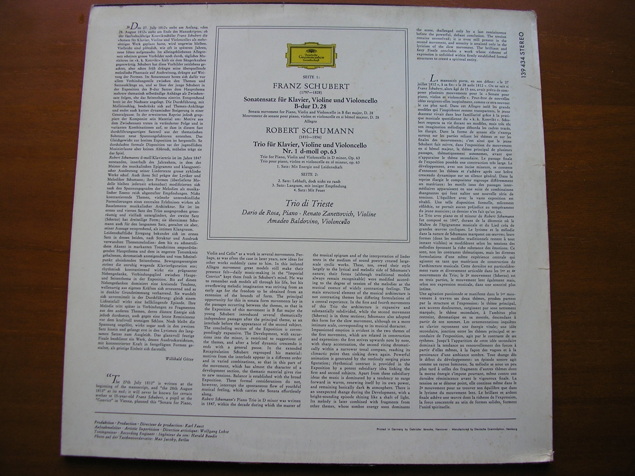SCHUBERT: SONATA MOVEMENT  D28  / SCHUMANN: PIANO TRIO No. 1  Op. 63      TRIO DI TRIESTE      139 434