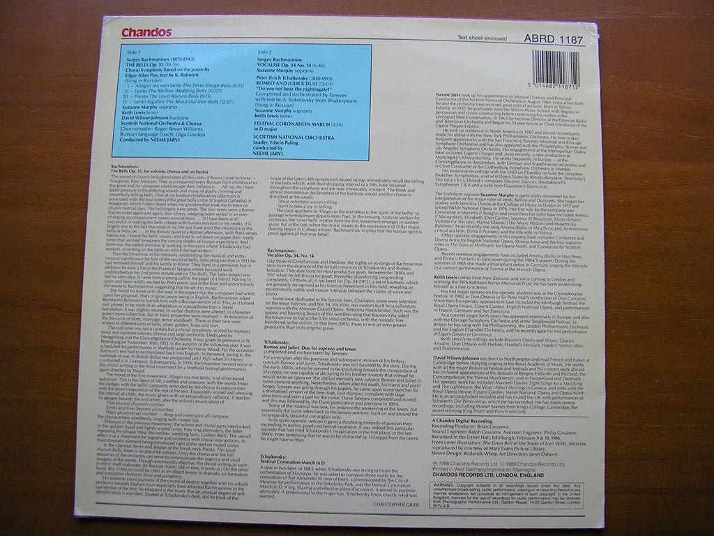 RACHMANINOV: THE BELLS / TCHAIKOVSKY: ROMEO & JULIET DUO / FESTIVAL CORONATION MARCH     SOLOISTS / SNO / JARVI      ABRD 1187