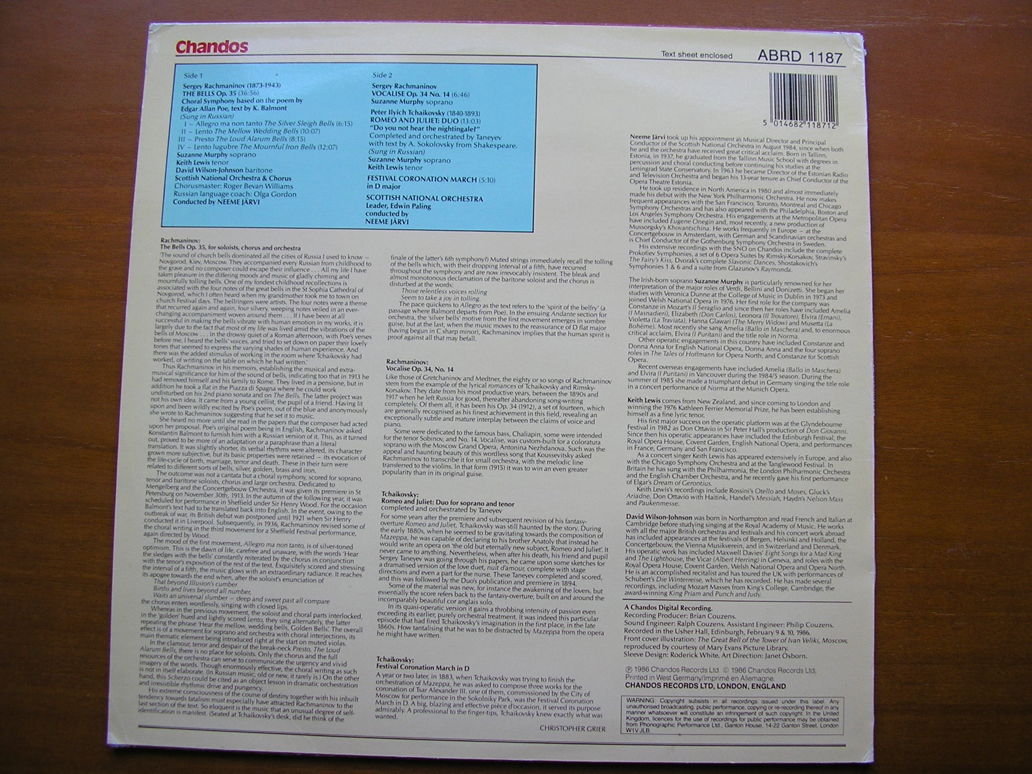 RACHMANINOV: THE BELLS / TCHAIKOVSKY: ROMEO & JULIET DUO / FESTIVAL CORONATION MARCH     SOLOISTS / SNO / JARVI      ABRD 1187