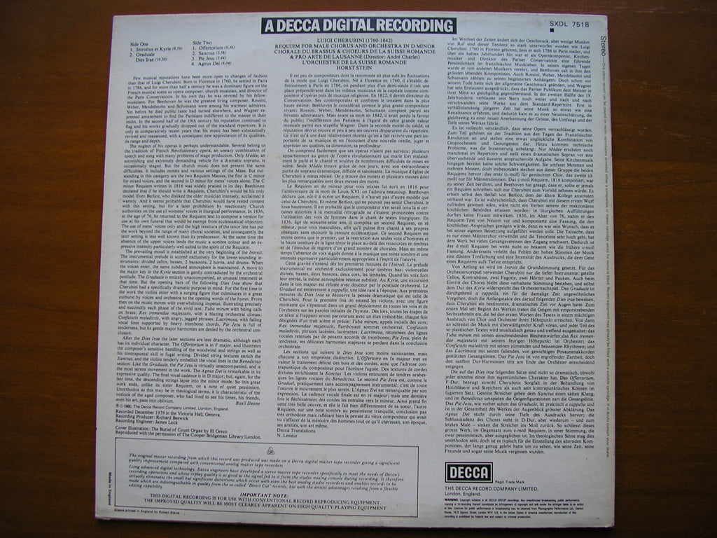 CHERUBINI: REQUIEM in D     CHORALE DU BRASSUS / SUISSE ROMANDE / STEIN    SXDL 7518
