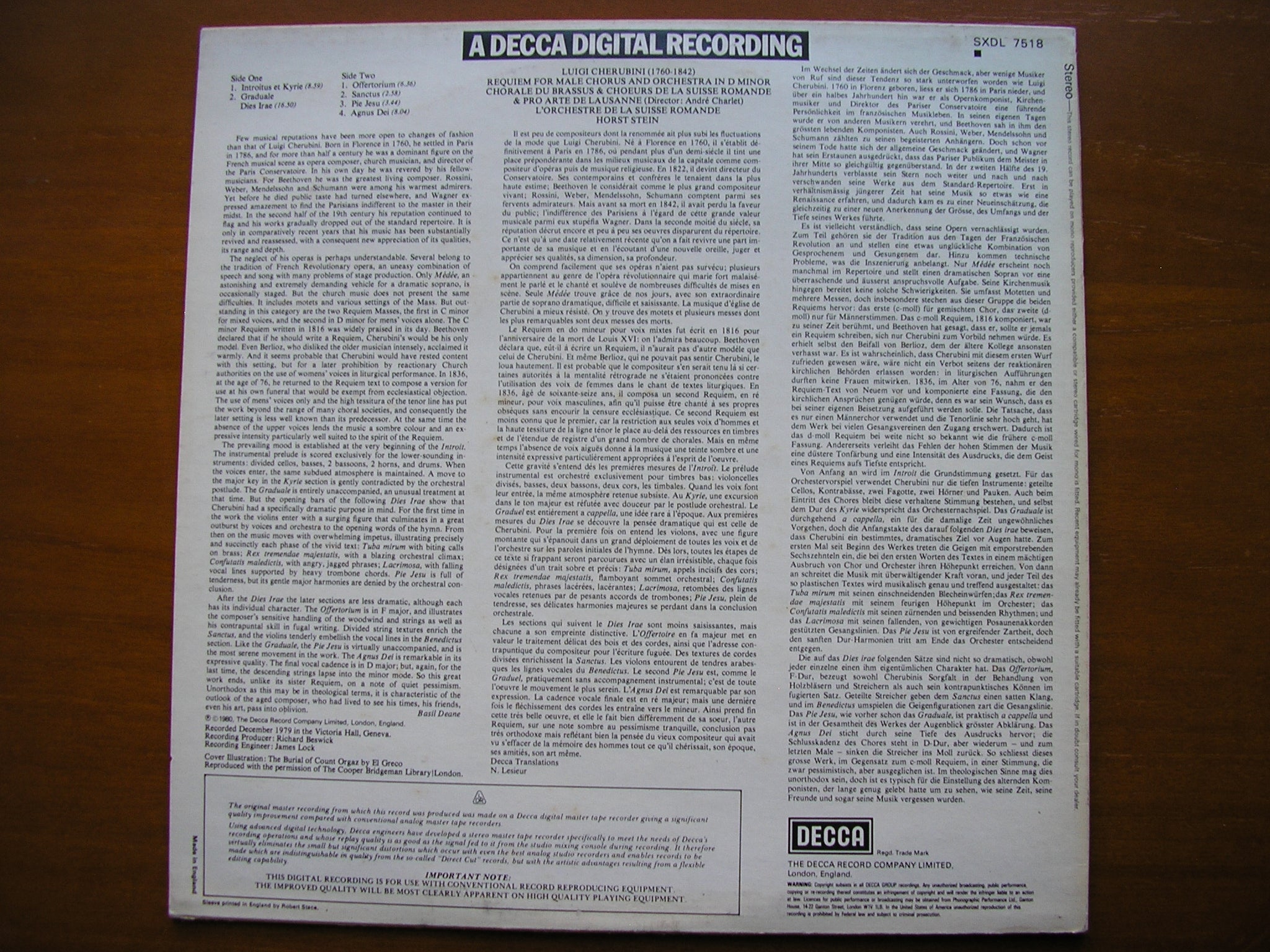 CHERUBINI: REQUIEM in D     CHORALE DU BRASSUS / SUISSE ROMANDE / STEIN    SXDL 7518