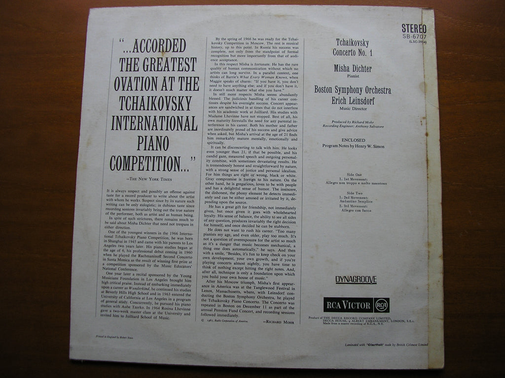 TCHAIKOVSKY: PIANO CONCERTO No. 1      DICHTER / BOSTON SYMPHONY / LEINSDORF      SB 6707