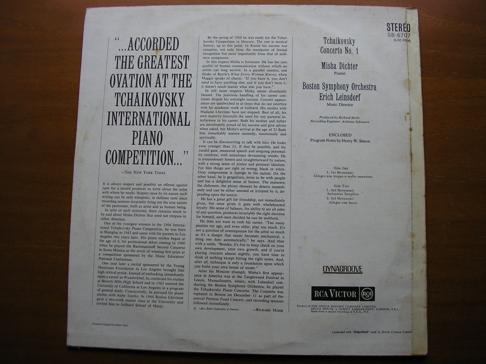 TCHAIKOVSKY: PIANO CONCERTO No. 1      DICHTER / BOSTON SYMPHONY / LEINSDORF      SB 6707