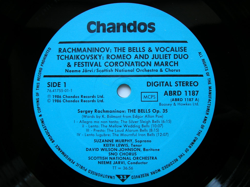 RACHMANINOV: THE BELLS / TCHAIKOVSKY: ROMEO & JULIET DUO / FESTIVAL CORONATION MARCH     SOLOISTS / SNO / JARVI      ABRD 1187