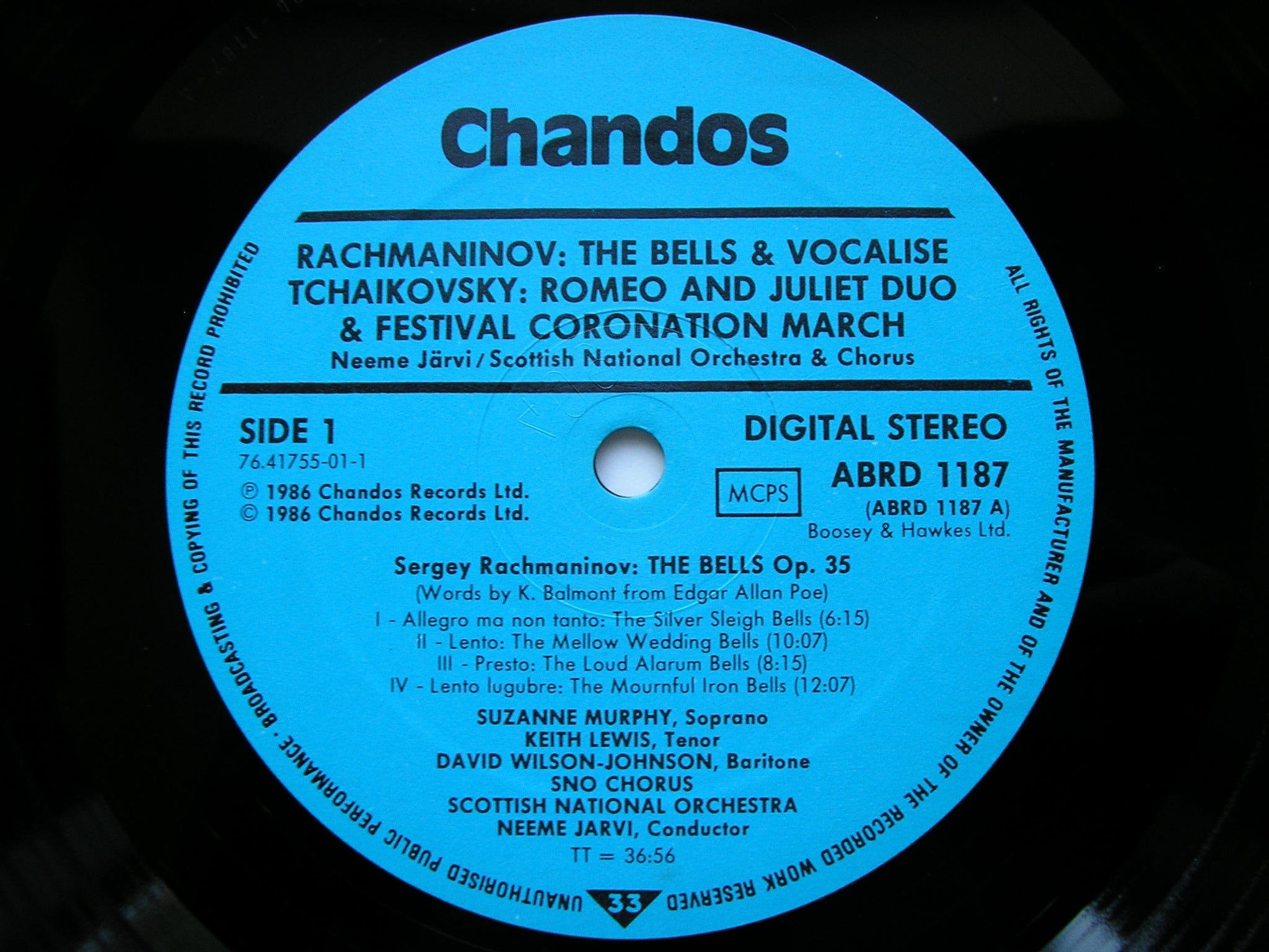 RACHMANINOV: THE BELLS / TCHAIKOVSKY: ROMEO & JULIET DUO / FESTIVAL CORONATION MARCH     SOLOISTS / SNO / JARVI      ABRD 1187