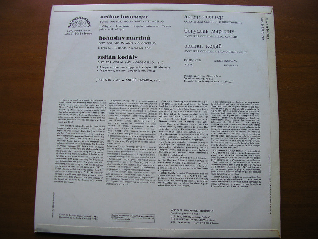 HONEGGER / KODALY / MARTINU: DUOS FOR VIOLIN & CELLO      JOSEF SUK / ANDRE NAVARRA      SUA ST 50634