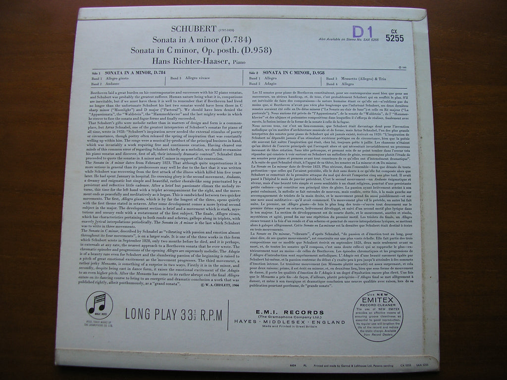 SCHUBERT: PIANO SONATAS  D784  &  D958      HANS RICHTER-HAASER    CX 5255