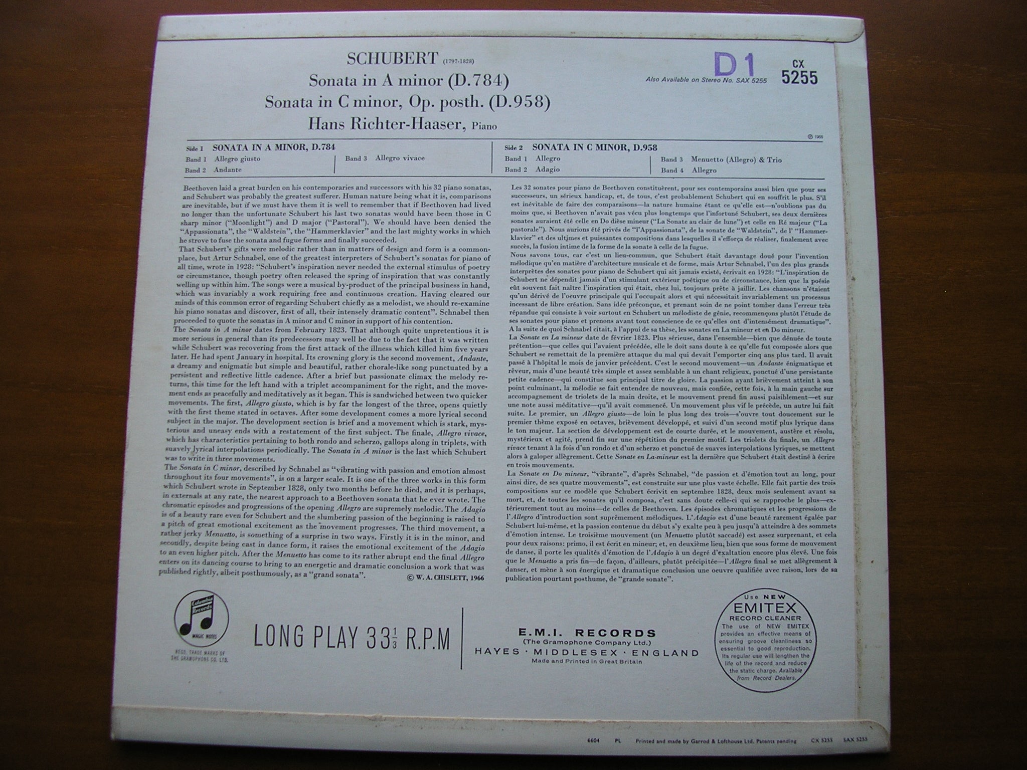 SCHUBERT: PIANO SONATAS  D784  &  D958      HANS RICHTER-HAASER    CX 5255