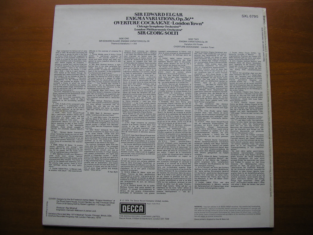 SXL 6795 ELGAR: ENIGMA VARIATIONS / OVERTURE COCKAIGNE SOLTI / LONDON PHILHARMONIC