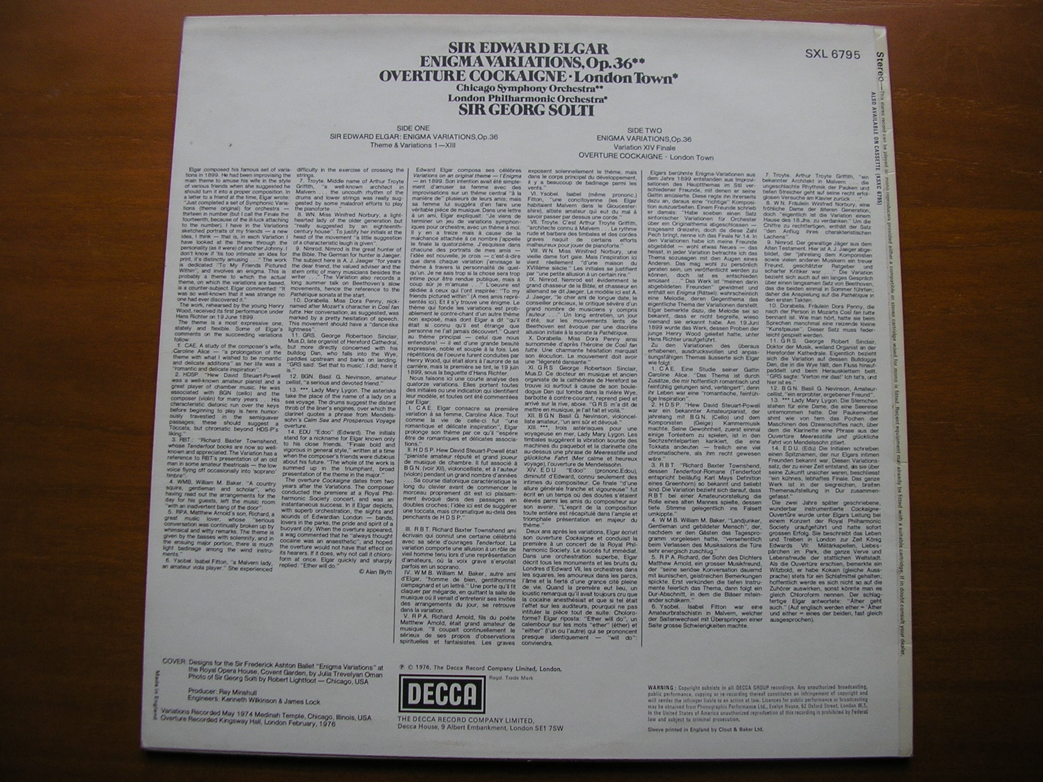 SXL 6795 ELGAR: ENIGMA VARIATIONS / OVERTURE COCKAIGNE SOLTI / LONDON PHILHARMONIC