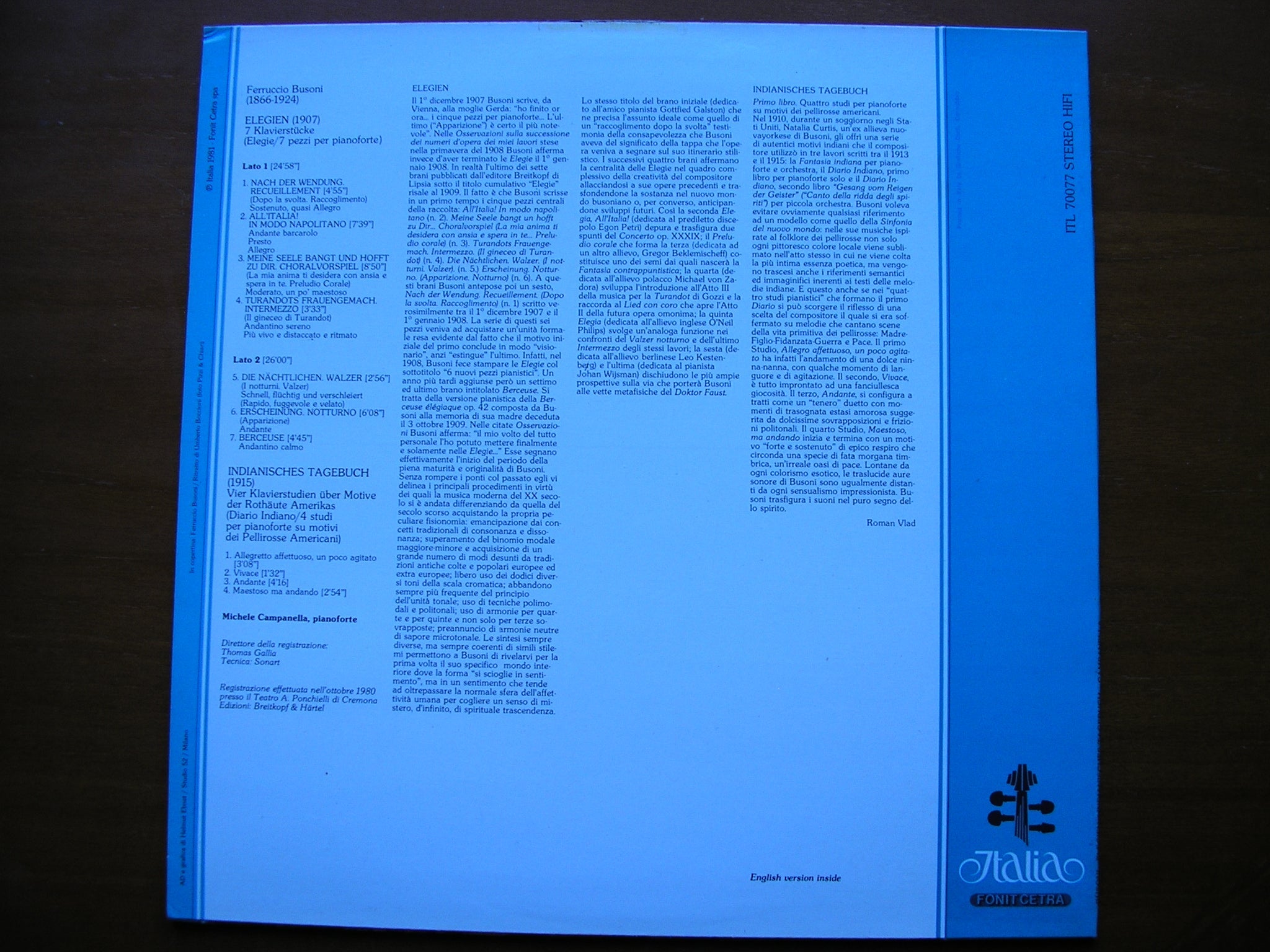 BUSONI: ELEGIES / INDIAN STUDIES      MICHELE CAMPANELLA       ITL 70077