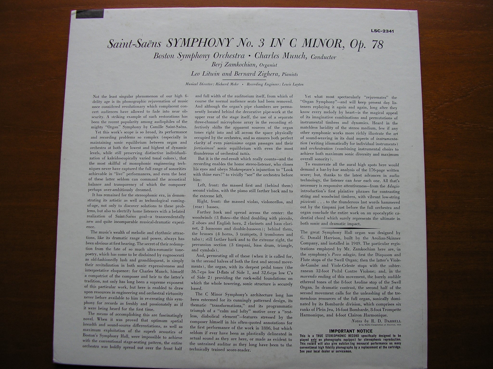 SAINT - SAENS: SYMPHONY No. 3   CHARLES MUNCH / BOSTON SYMPHONY ORCHESTRA  LSC 2341