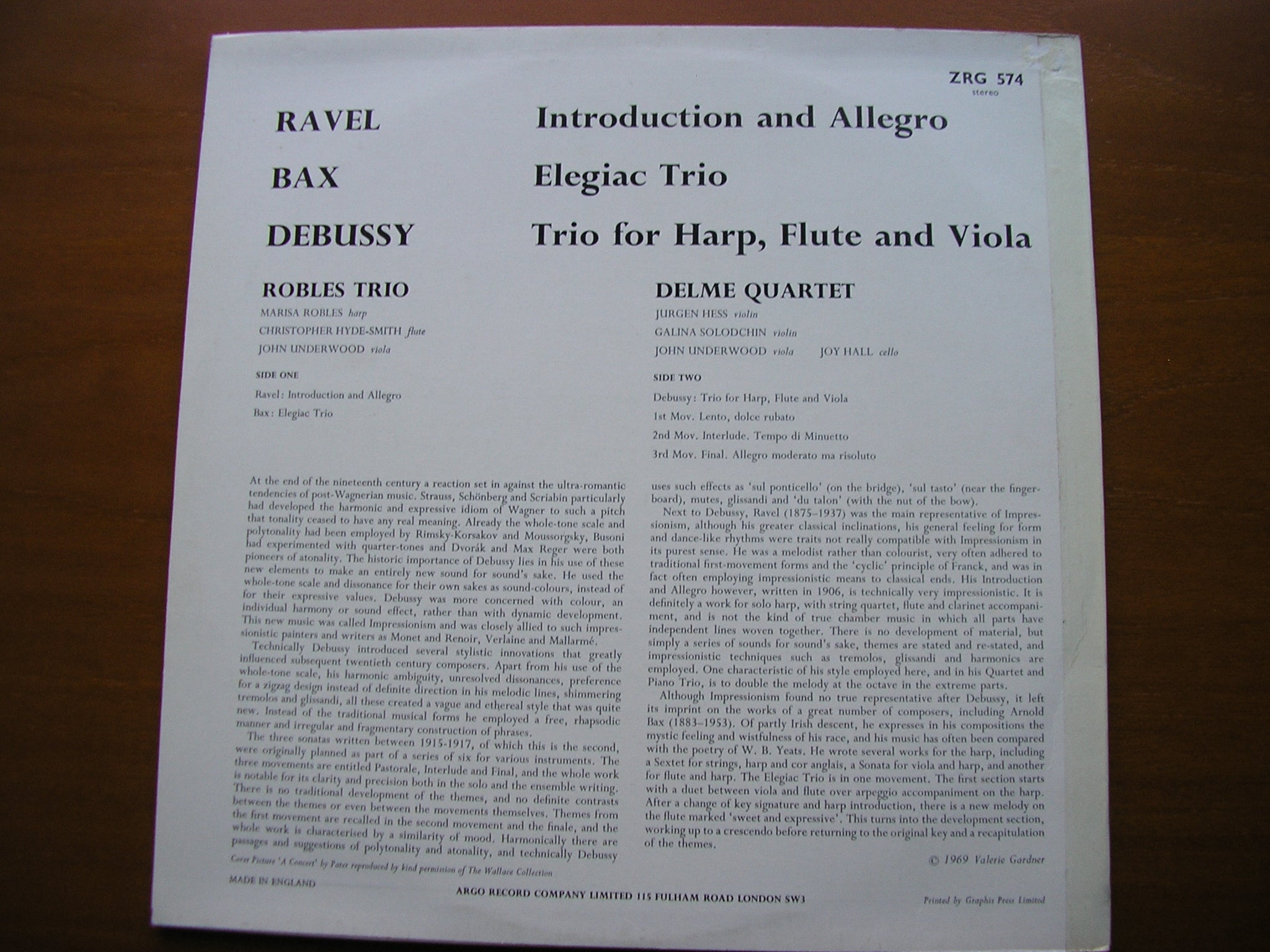 RAVEL: INTRODUCTION & ALLEGRO / BAX: ELEGAIC TRIO / DEBUSSY: TRIO      ROBLES TRIO / DELME QUARTET     ZRG 574