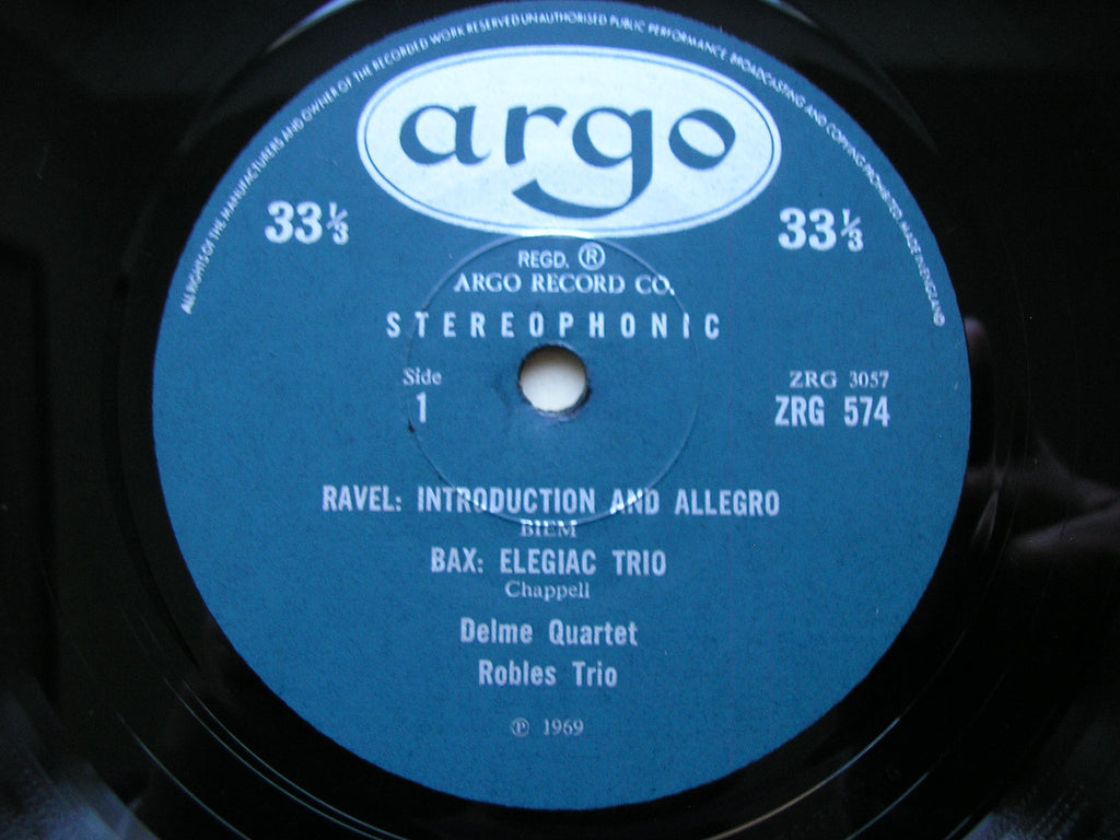 RAVEL: INTRODUCTION & ALLEGRO / BAX: ELEGAIC TRIO / DEBUSSY: TRIO      ROBLES TRIO / DELME QUARTET     ZRG 574