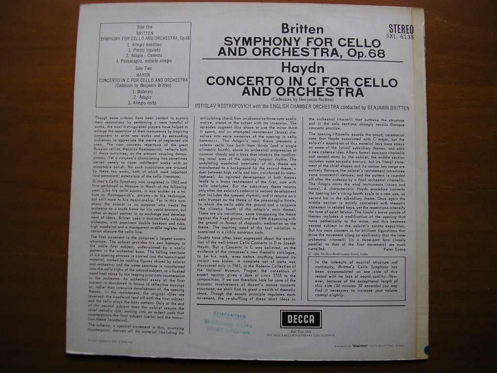 SXL 6138  BRITTEN: CELLO SYMPHONY / HAYDN: CELLO CONCERTO     ROSTROPOVICH / ENGLISH CHAMBER ORCHESTRA / BRITTEN      ED1