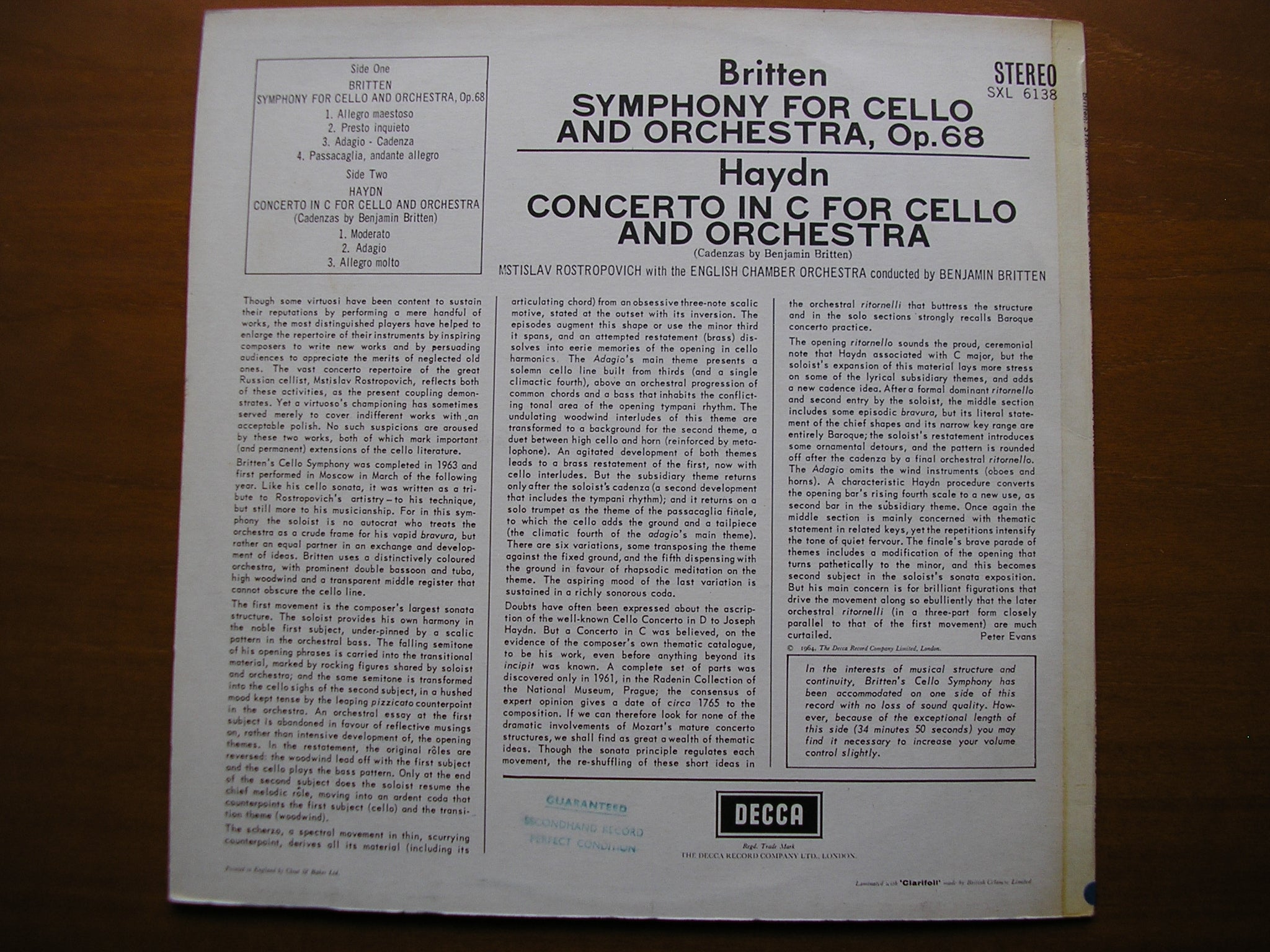 SXL 6138  BRITTEN: CELLO SYMPHONY / HAYDN: CELLO CONCERTO     ROSTROPOVICH / ENGLISH CHAMBER ORCHESTRA / BRITTEN      ED1