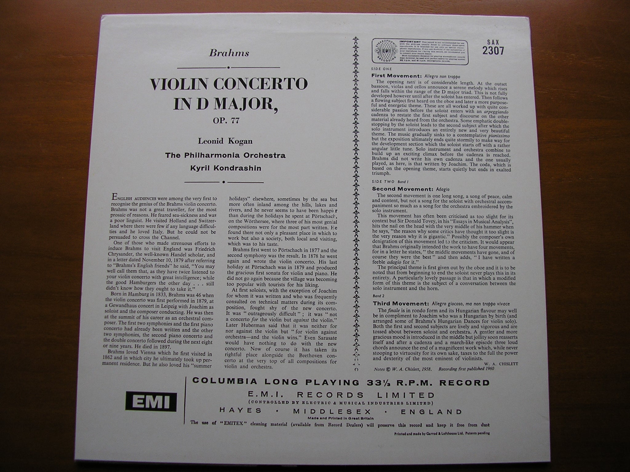 BRAHMS: VIOLIN CONCERTO     KOGAN / PHILHARMONIA / KONDRASHIN     SAX 2307