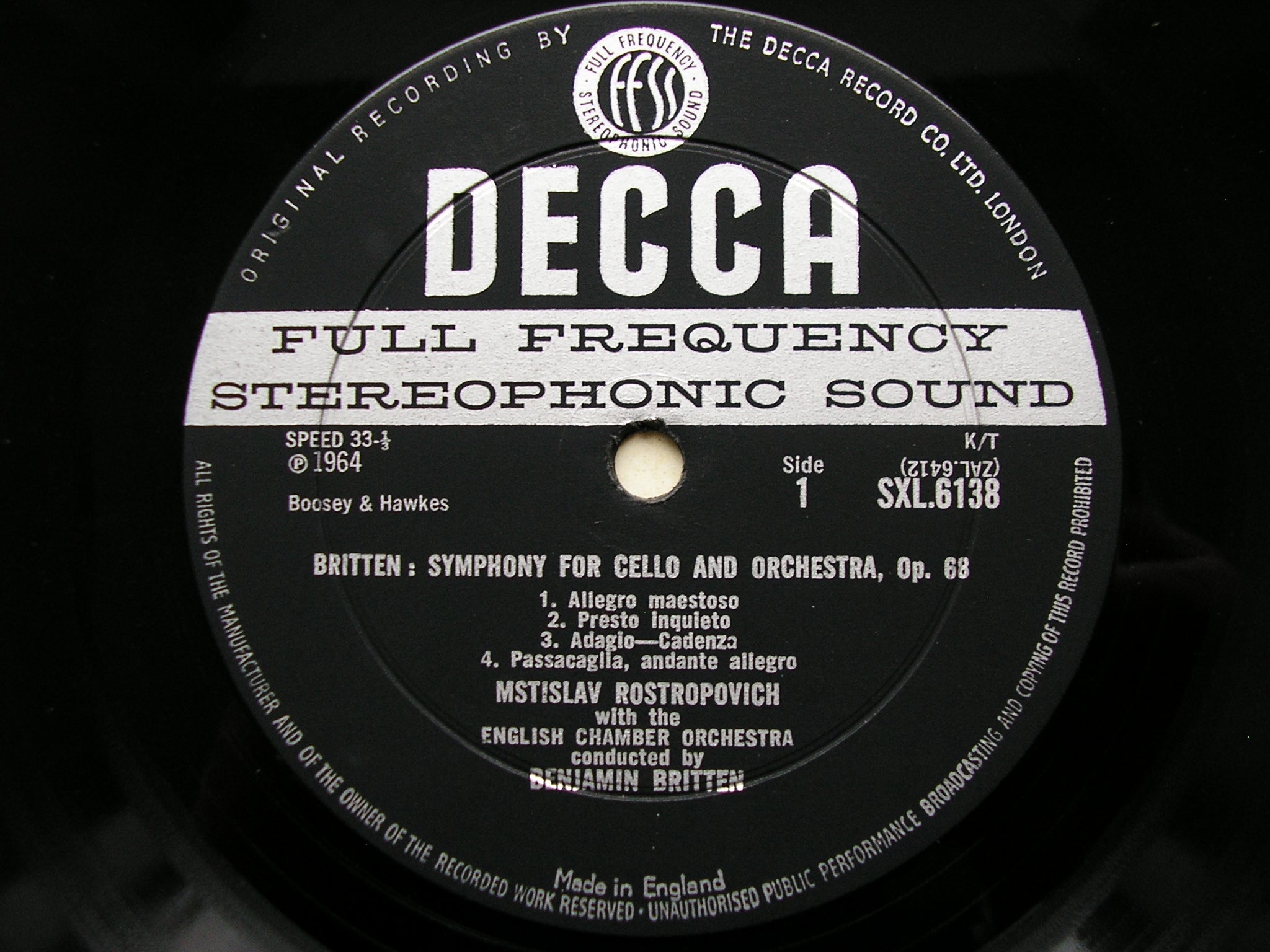 SXL 6138  BRITTEN: CELLO SYMPHONY / HAYDN: CELLO CONCERTO     ROSTROPOVICH / ENGLISH CHAMBER ORCHESTRA / BRITTEN      ED1